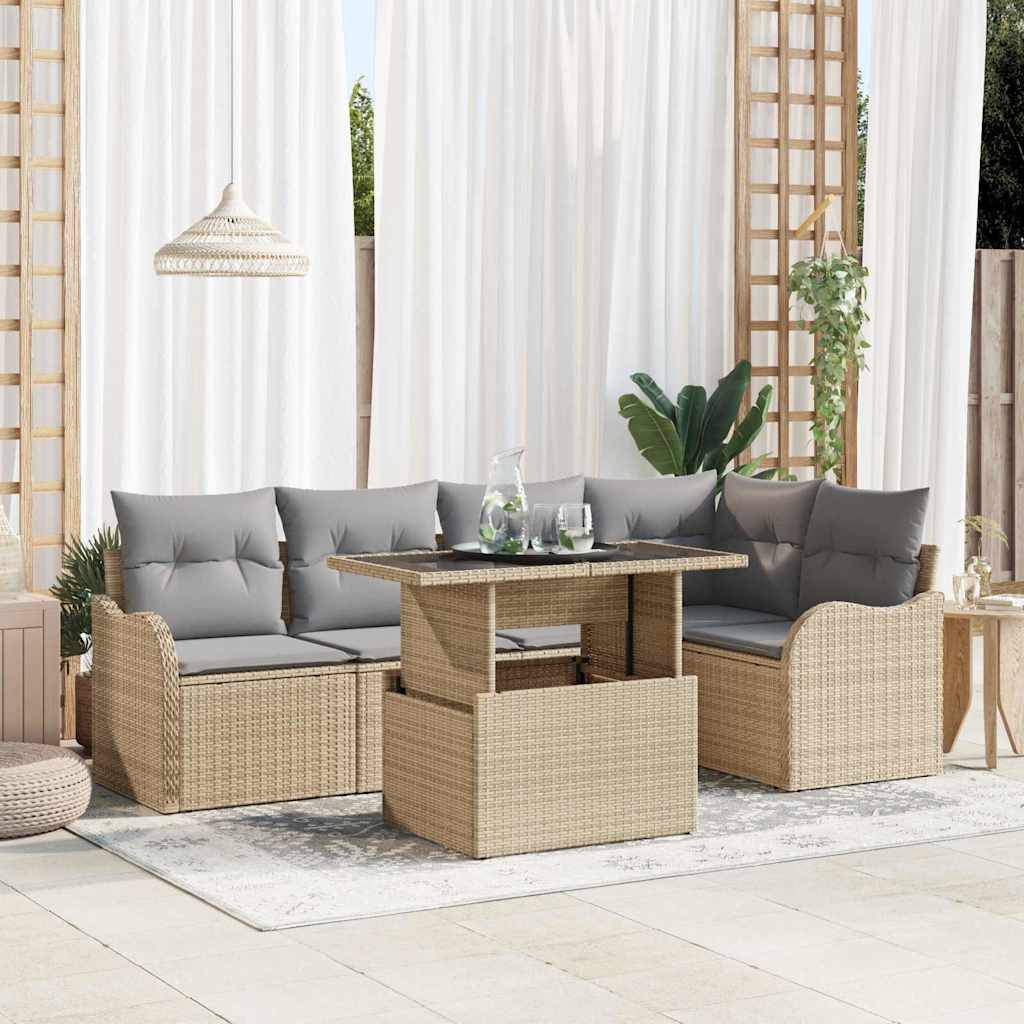 Salon de Jardin 5 Places en Poly Rotin Pour Bord de Piscine Table Verre et Pieds Réglables Beige – ComfortXL Outdoor Living - Image 1