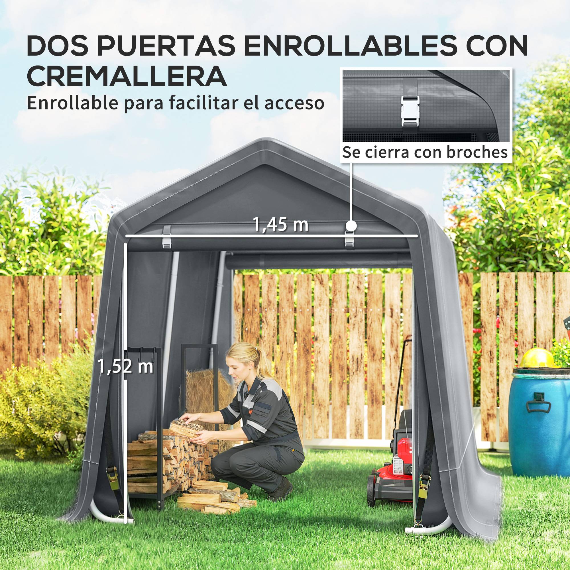 Abri vélo de jardin avec structure métallique, 2 portes zippées, imperméable, résistant aux UV, 2,4 x 2 x 2 m, gris foncé - Image 7