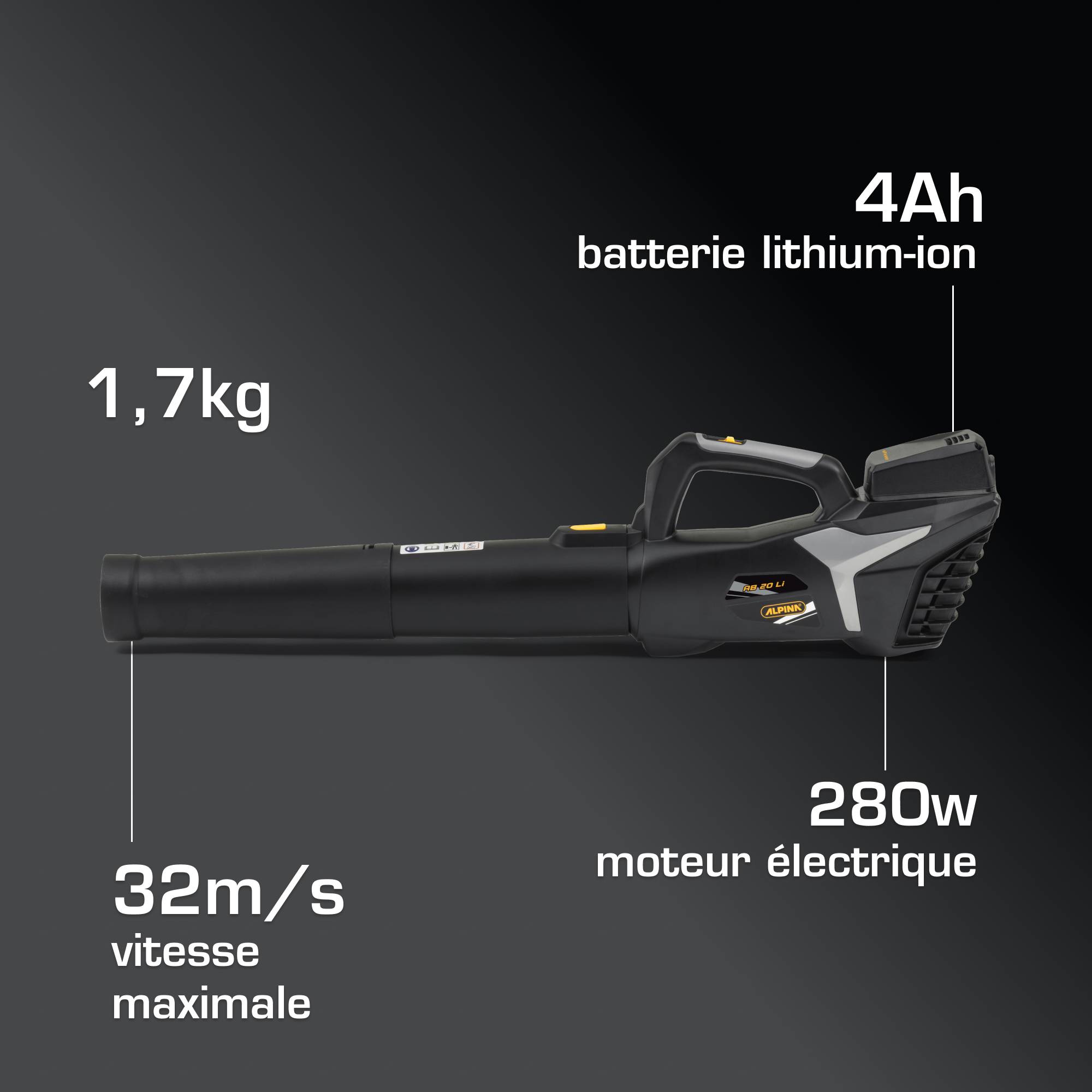 Alpina - Souffleur sans fil AB 20 Li, 20V, vitesse air 32 m/s, léger 1.8kg, contrôle vitesse - ALPINA - Imagen 7