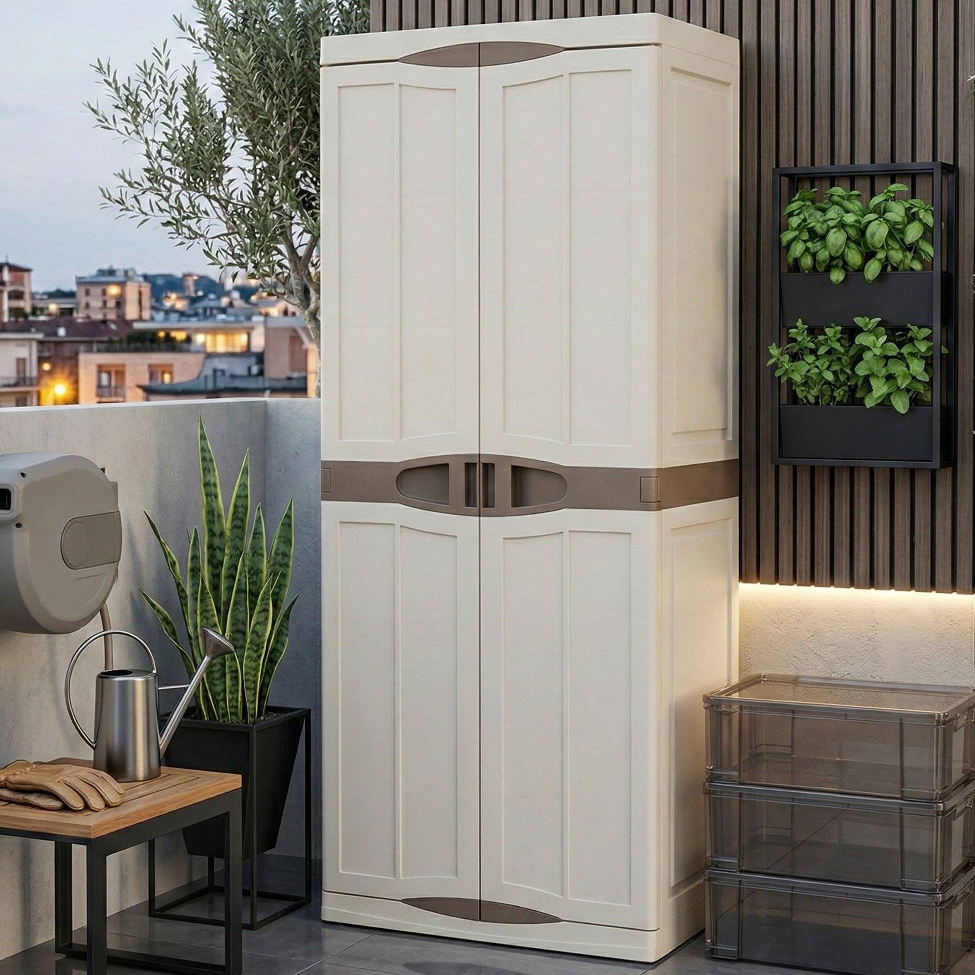 Dmora - Armoire d'extérieur Dbattistin, Armoire de balcon polyvalente, Armoire d'extérieur 2 portes, Beige et Marron, Finition élégante, 70x47h179 cm - Dmora - Imagen 2