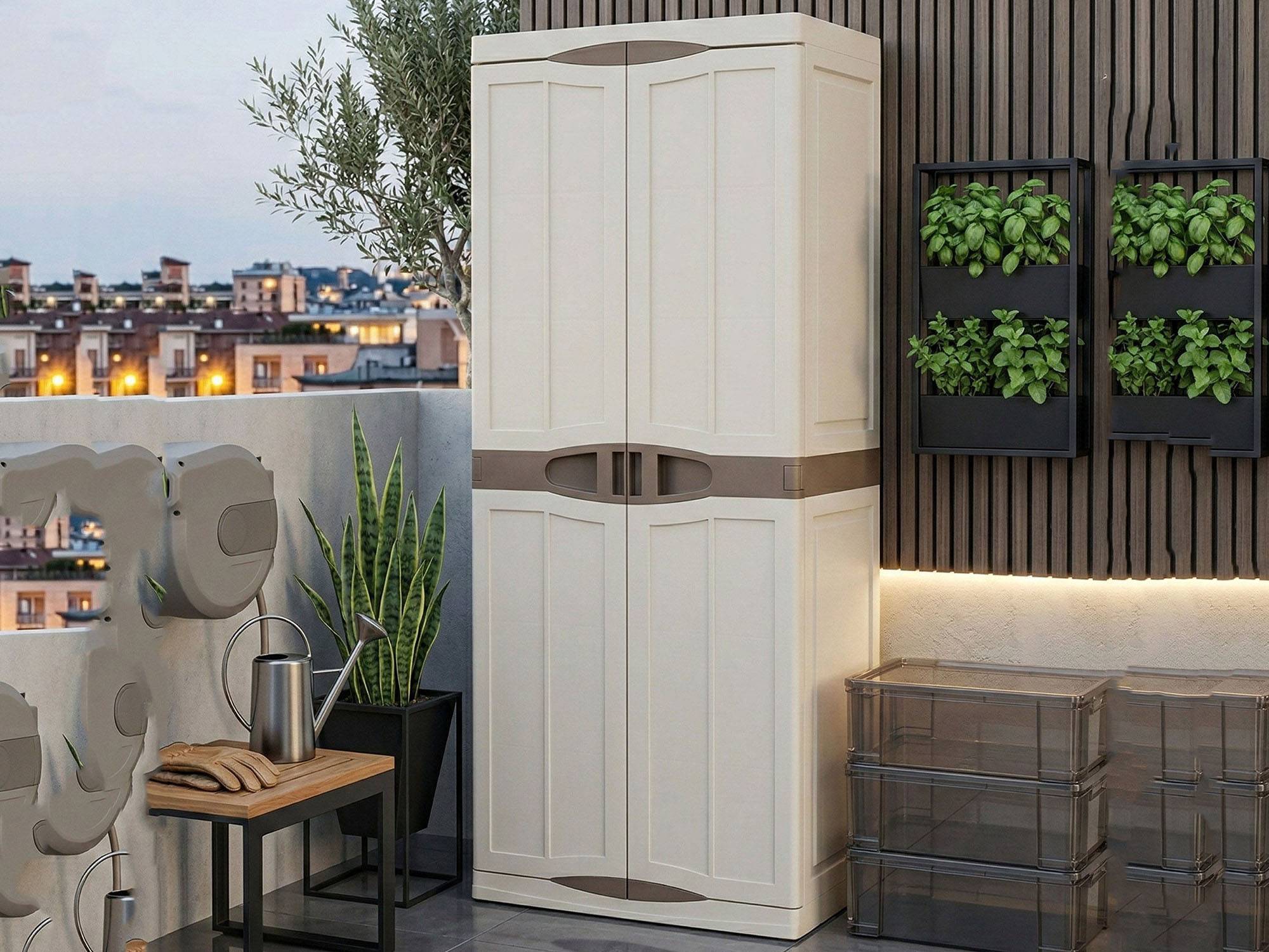 Dmora - Armoire d'extérieur Dbattistin, Armoire de balcon polyvalente, Armoire d'extérieur 2 portes, Beige et Marron, Finition élégante, 70x47h179 cm - Dmora - Imagen 6