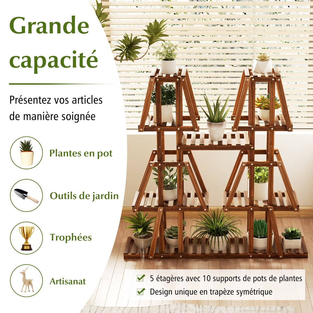 Étagère à Plantes Fleurs en Bois de pin carbonisé Porte-Plante 5 Niveaux Conception à Lattes Intérieur Extérieur - Imagen 6