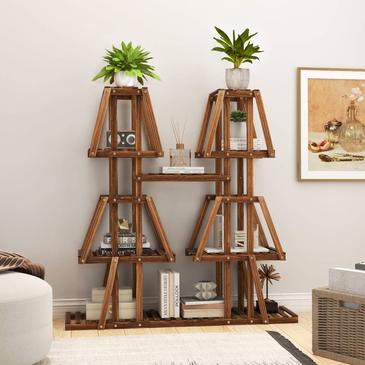 Étagère à Plantes Fleurs en Bois de pin carbonisé Porte-Plante 5 Niveaux Conception à Lattes Intérieur Extérieur - Imagen 2