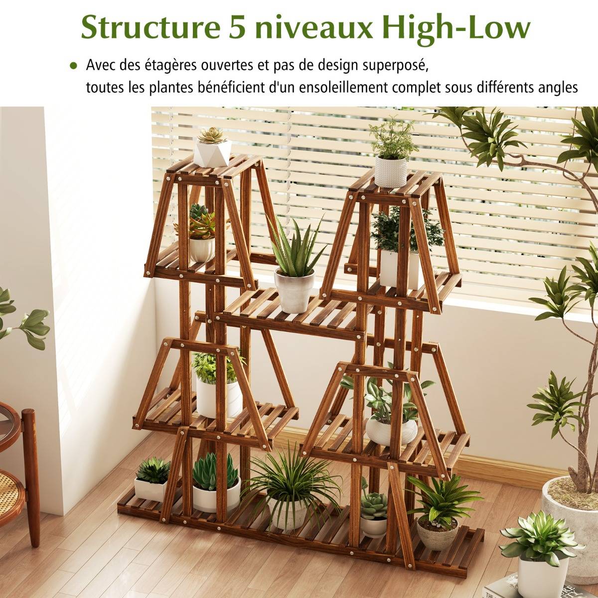 Étagère à Plantes Fleurs en Bois de pin carbonisé Porte-Plante 5 Niveaux Conception à Lattes Intérieur Extérieur - Imagen 4