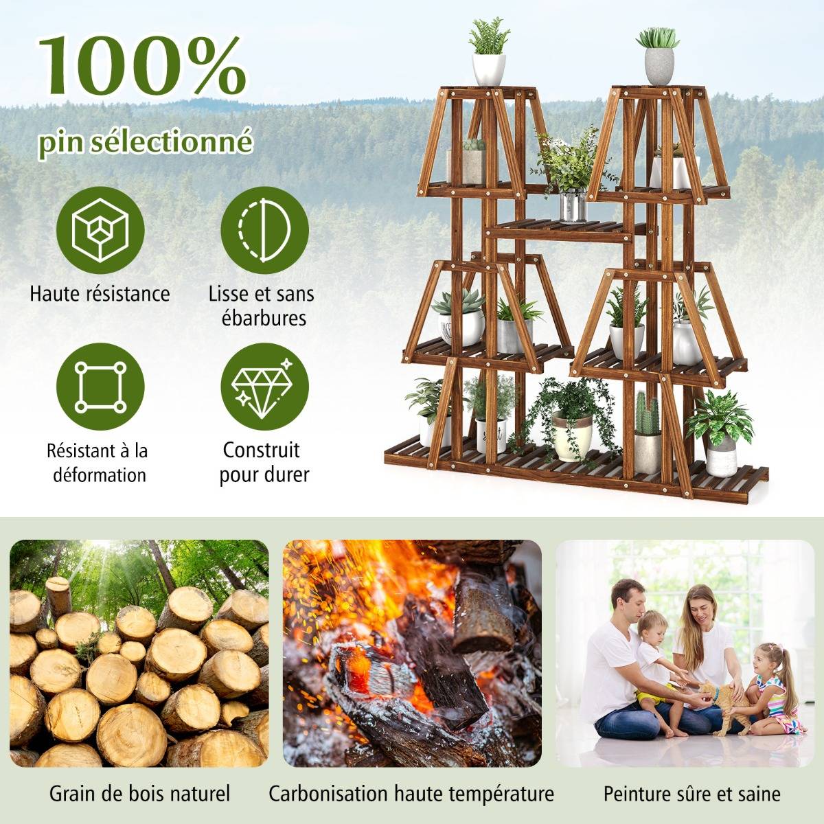 Étagère à Plantes Fleurs en Bois de pin carbonisé Porte-Plante 5 Niveaux Conception à Lattes Intérieur Extérieur - Imagen 5