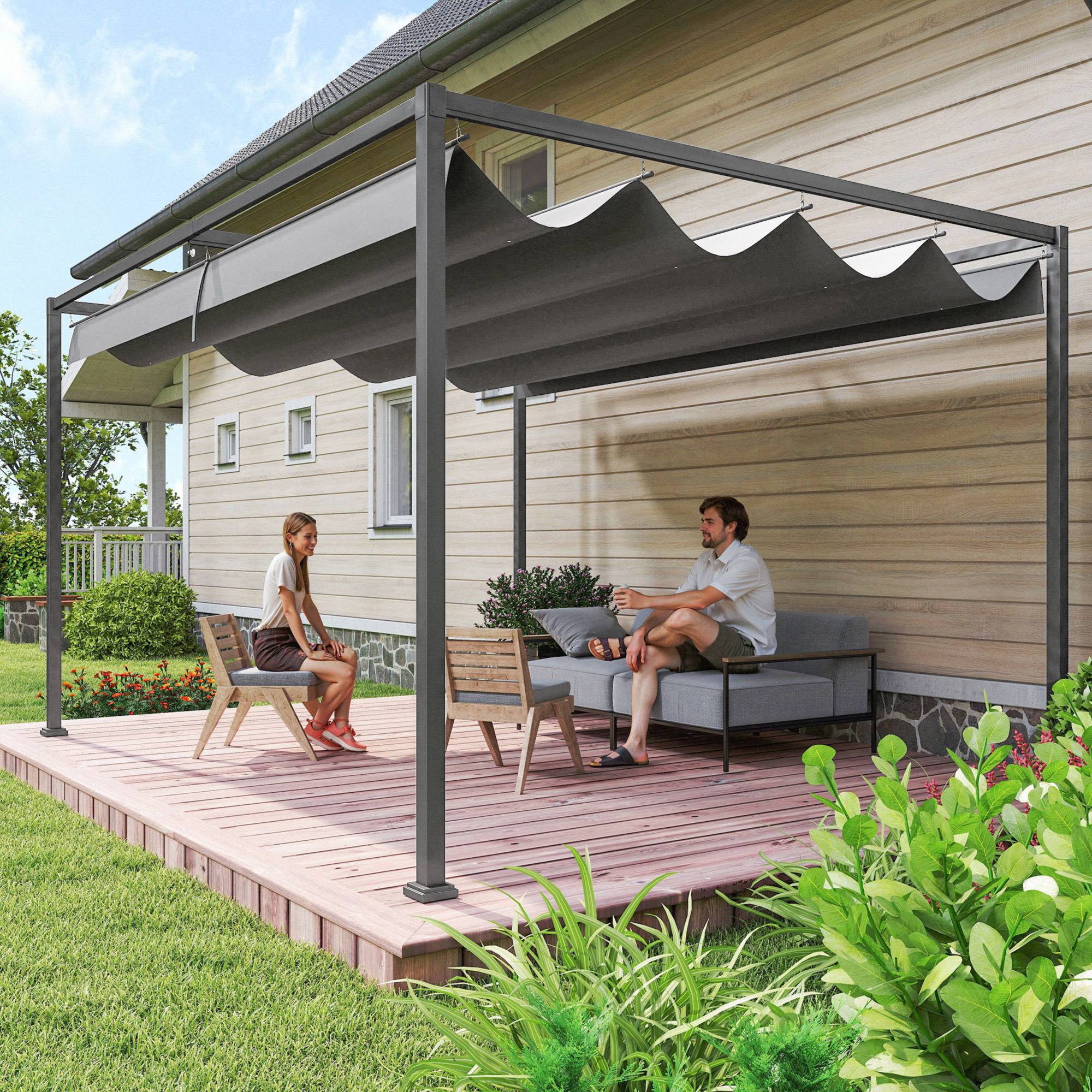 Pergola de jardin métal terrasse toit rétractable manuel anti-UV 4x3m gris - ComfortXL Outdoor Living - Image 3