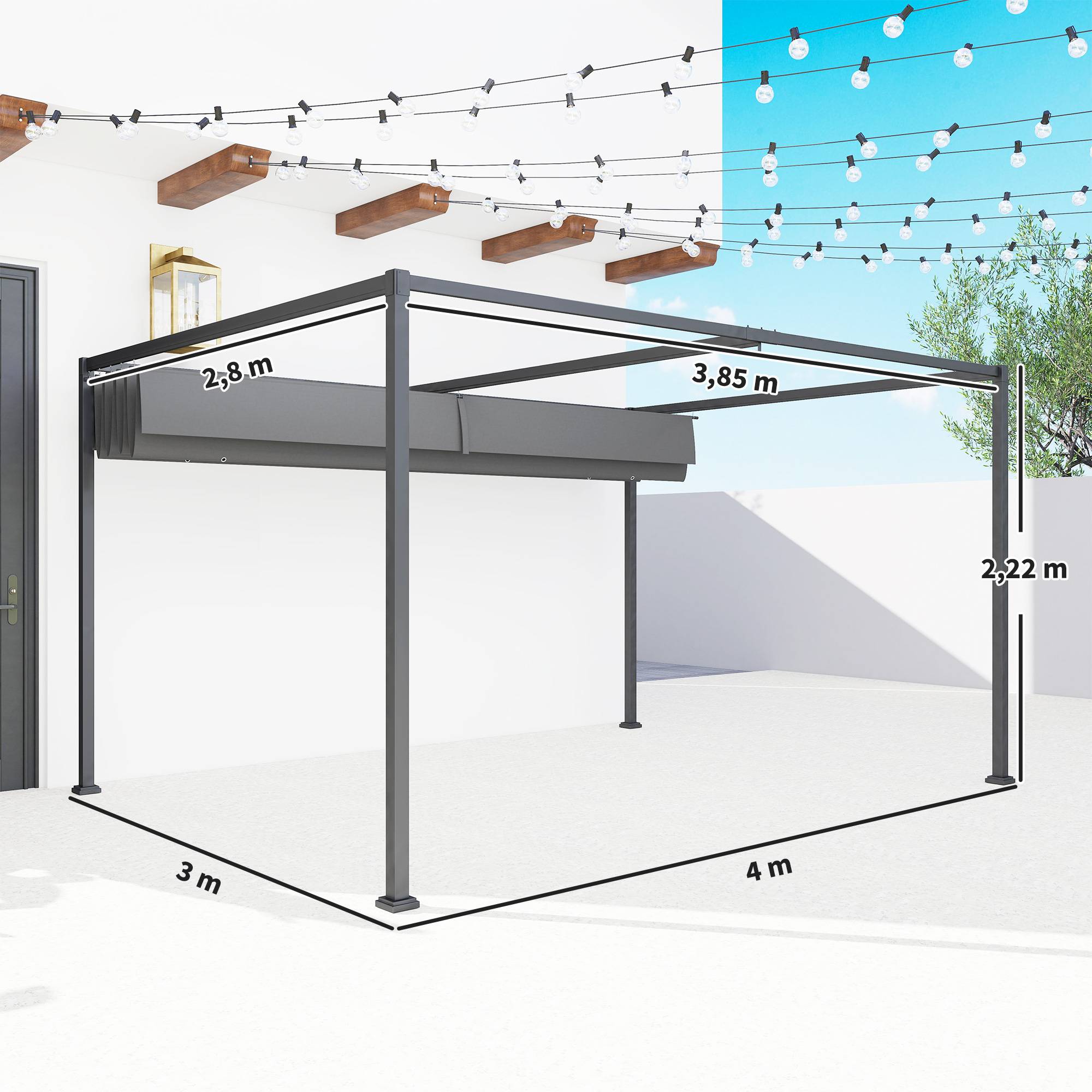Pergola de jardin métal terrasse toit rétractable manuel anti-UV 4x3m gris - ComfortXL Outdoor Living - Image 5