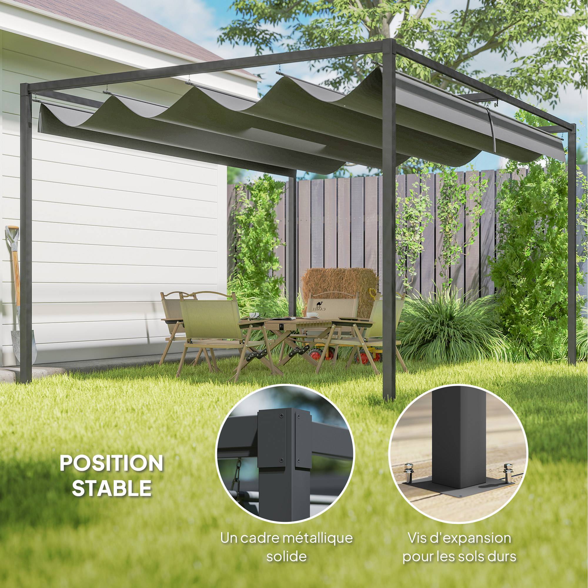 Pergola de jardin métal terrasse toit rétractable manuel anti-UV 4x3m gris - ComfortXL Outdoor Living - Image 7