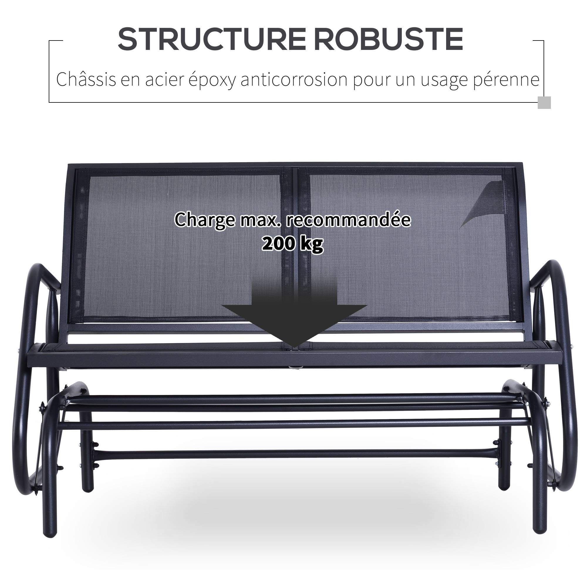 Outsunny - Banc à bascule de jardin 2 places design contemporain grand confort accoudoirs assise et dossier ergonomique acier textilène noir - Outsunny - Imagen 6