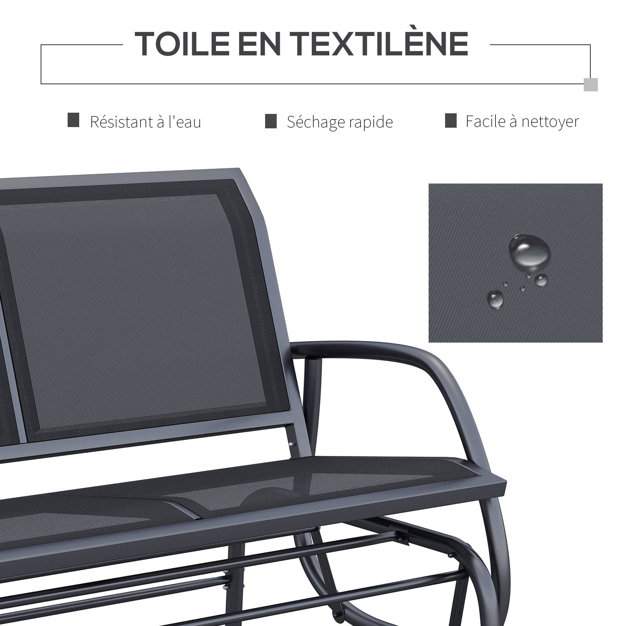 Outsunny - Banc à bascule de jardin 2 places design contemporain grand confort accoudoirs assise et dossier ergonomique acier textilène noir - Outsunny - Imagen 5