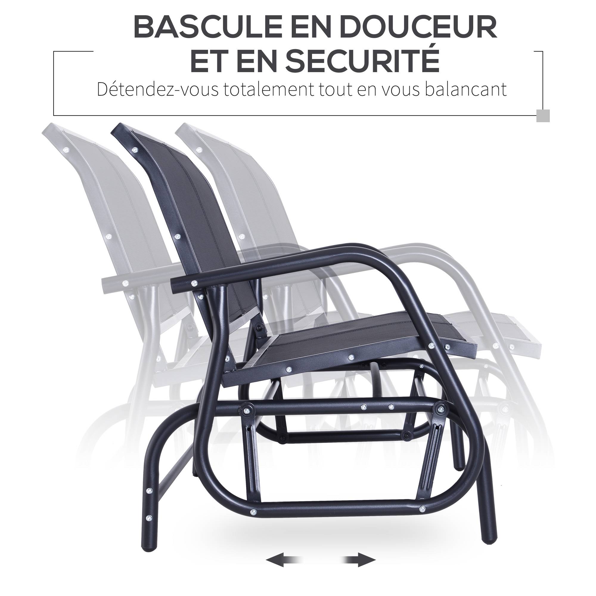 Outsunny - Banc à bascule de jardin 2 places design contemporain grand confort accoudoirs assise et dossier ergonomique acier textilène noir - Outsunny - Imagen 4