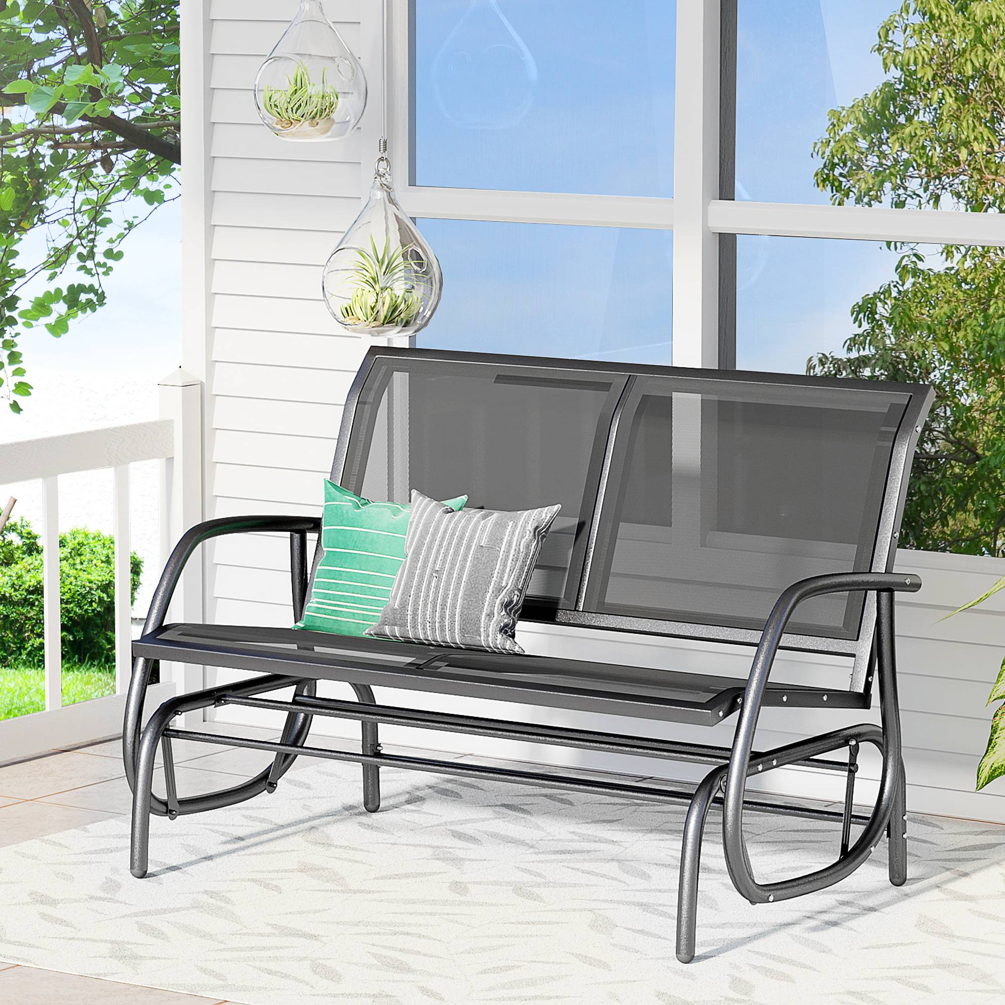 Outsunny - Banc à bascule de jardin 2 places design contemporain grand confort accoudoirs assise et dossier ergonomique acier textilène noir - Outsunny - Imagen 2