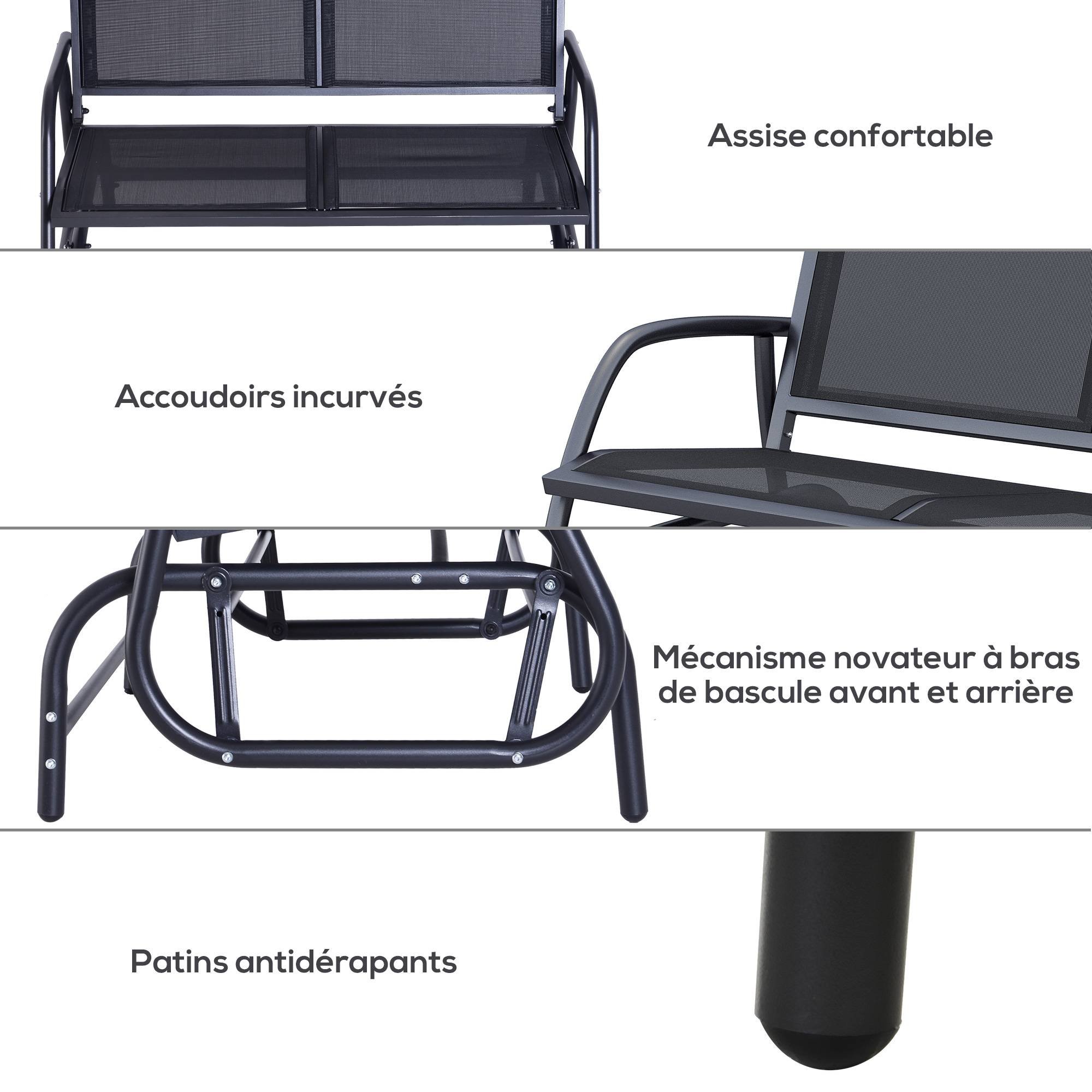 Outsunny - Banc à bascule de jardin 2 places design contemporain grand confort accoudoirs assise et dossier ergonomique acier textilène noir - Outsunny - Imagen 7