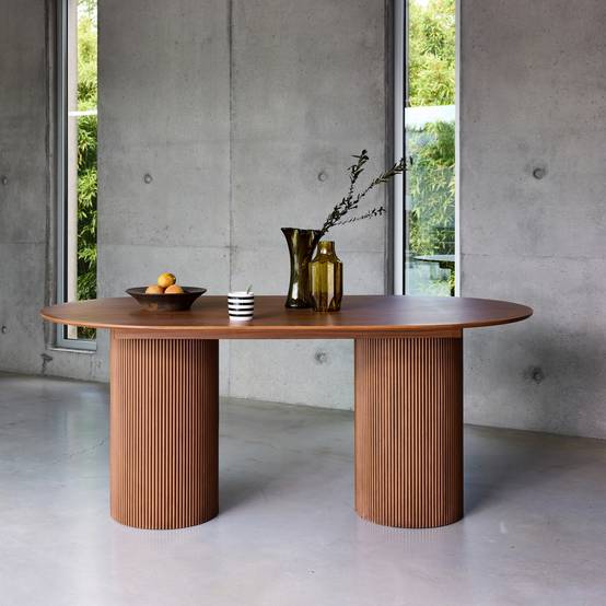 Table à manger oblongue décor bois sculpté 4-6 places. couleur noyer. 180cm | sweeek - Image 1