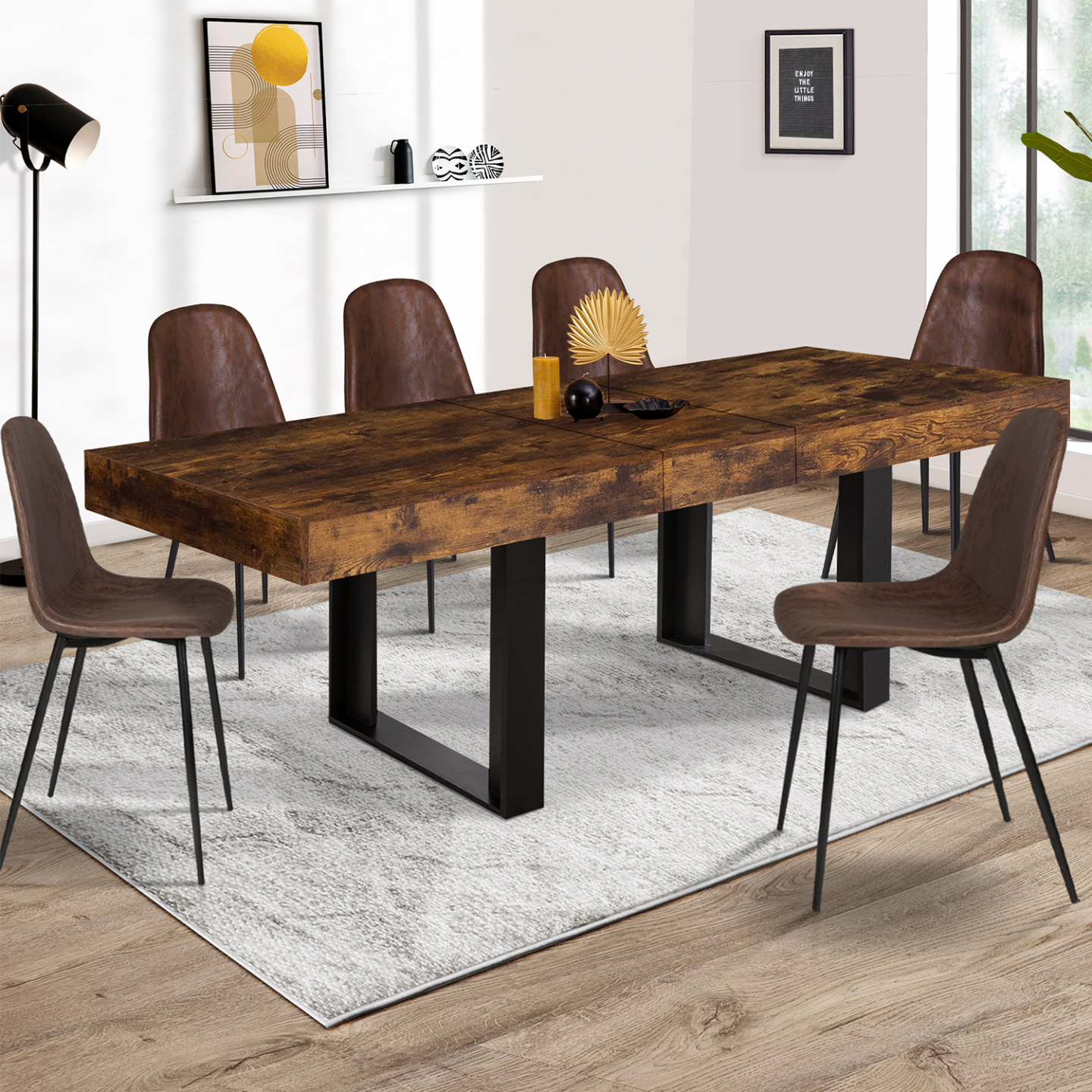 Table à manger extensible rectangle PHOENIX 4-8 personnes bois effet vieilli et noir 160-200 cm - Image 1