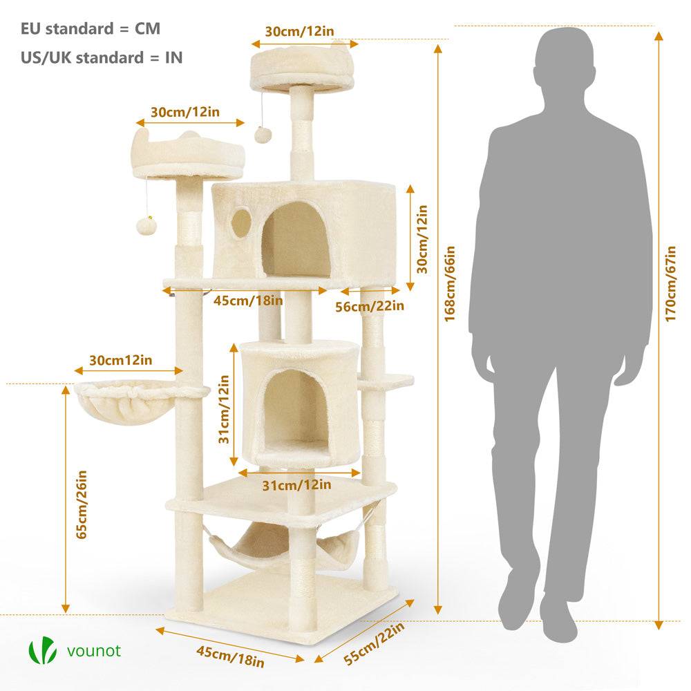 Vounot - Arbre à chat grande 168cm avec griffoir, 2 niches et 3 plateformes - Beige - Arbre à grimper pour chats - VOUNOT® - Image 3