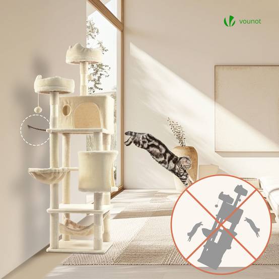 Vounot - Arbre à chat grande 168cm avec griffoir, 2 niches et 3 plateformes - Beige - Arbre à grimper pour chats - VOUNOT® - Image 7
