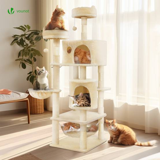 Vounot - Arbre à chat grande 168cm avec griffoir, 2 niches et 3 plateformes - Beige - Arbre à grimper pour chats - VOUNOT® - Image 2