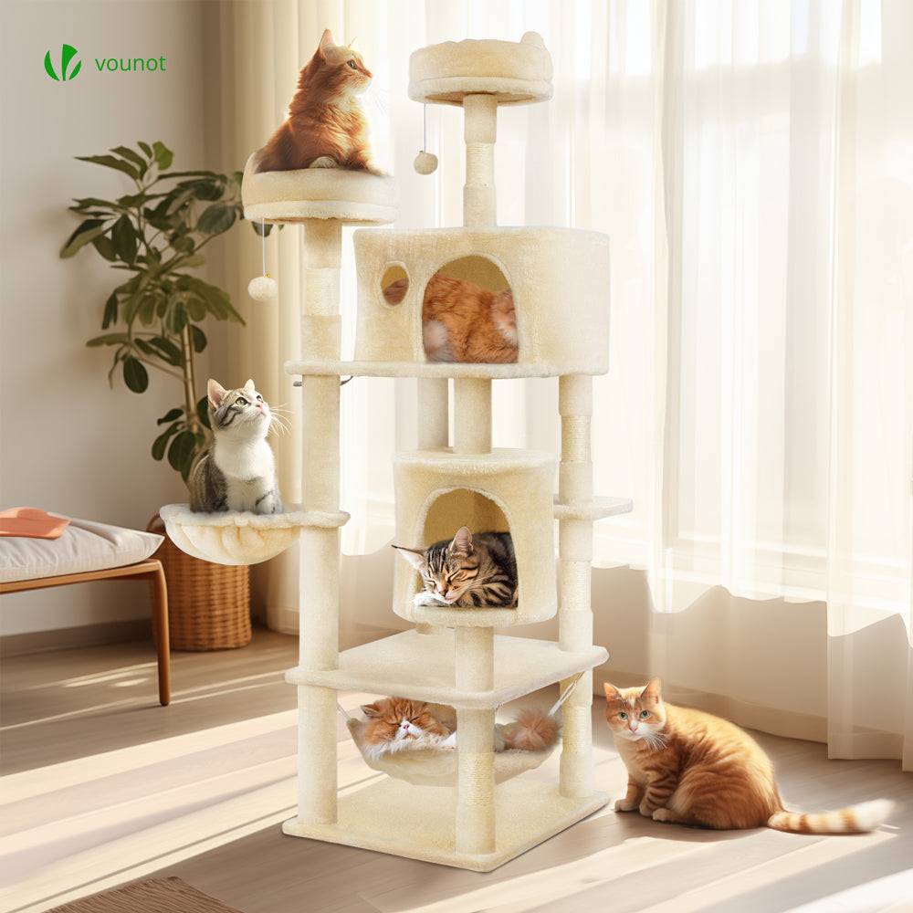 Vounot - Arbre à chat grande 168cm avec griffoir, 2 niches et 3 plateformes - Beige - Arbre à grimper pour chats - VOUNOT® - Image 2