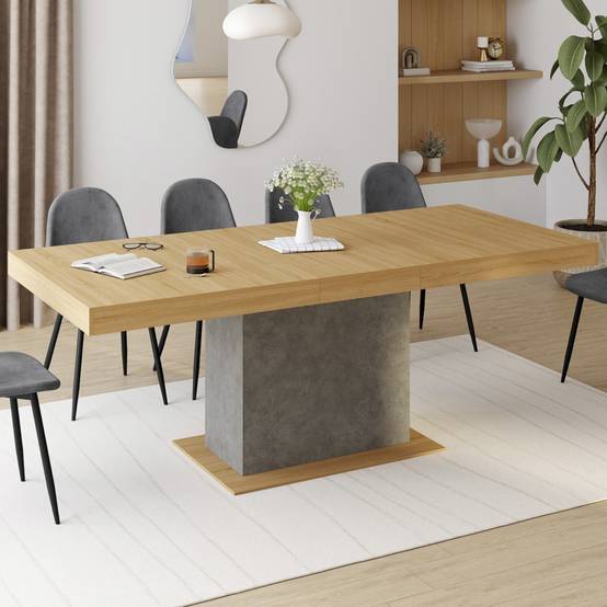 Table à manger extensible rectangle EDEN 6-10 personnes bois et effet béton 160-200 cm - Image 1