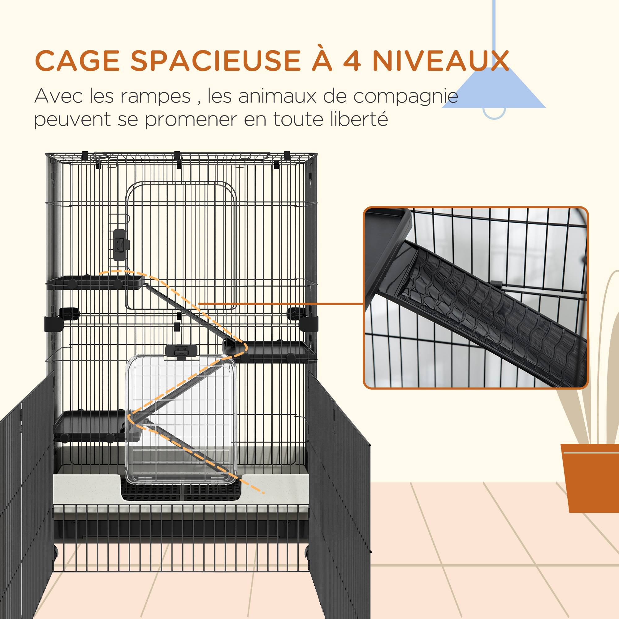 Cage sur roulettes métal pour rongeurs habitat 3 niveaux 182x81x114cm noir - ComfortXL Outdoor Living - Image 6