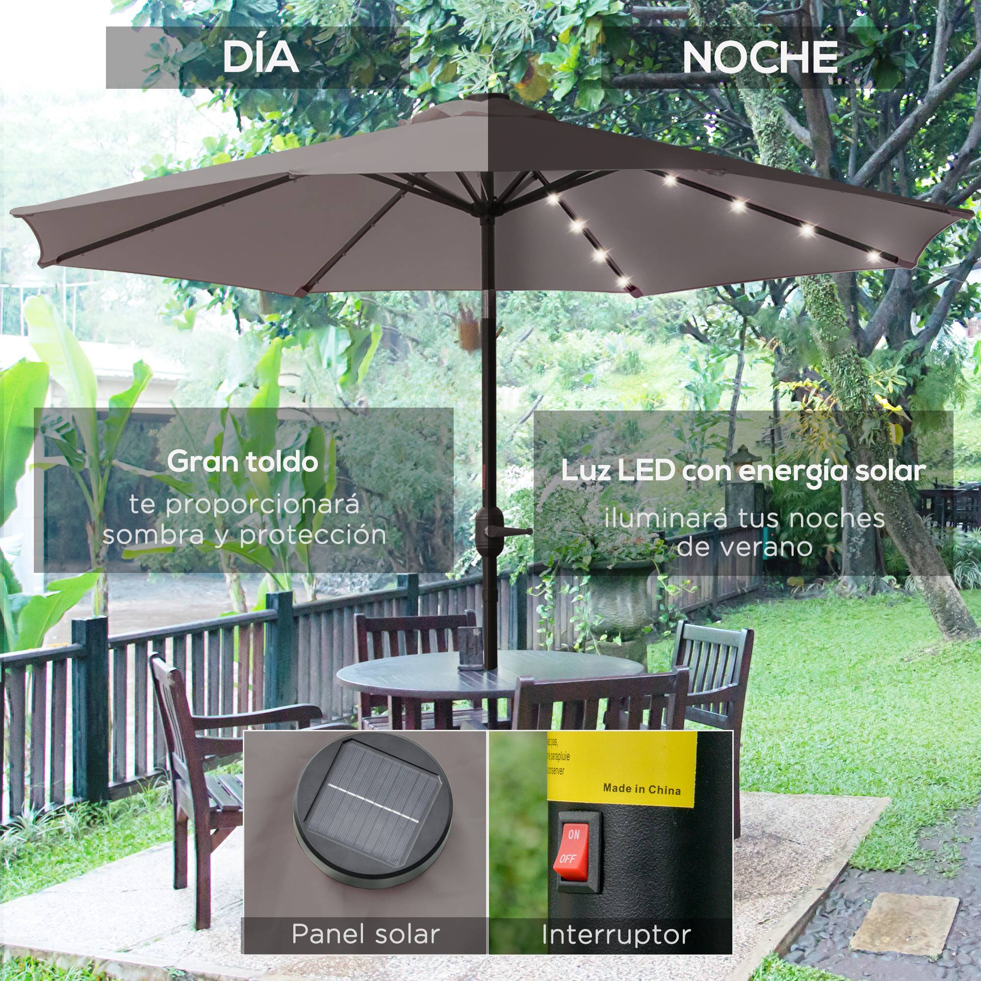 Parasol terrasse exterieur Ø265 cm, 32 LED solaires, mat acier, manivelle, inclinable, patio terrasse gris - Image 6