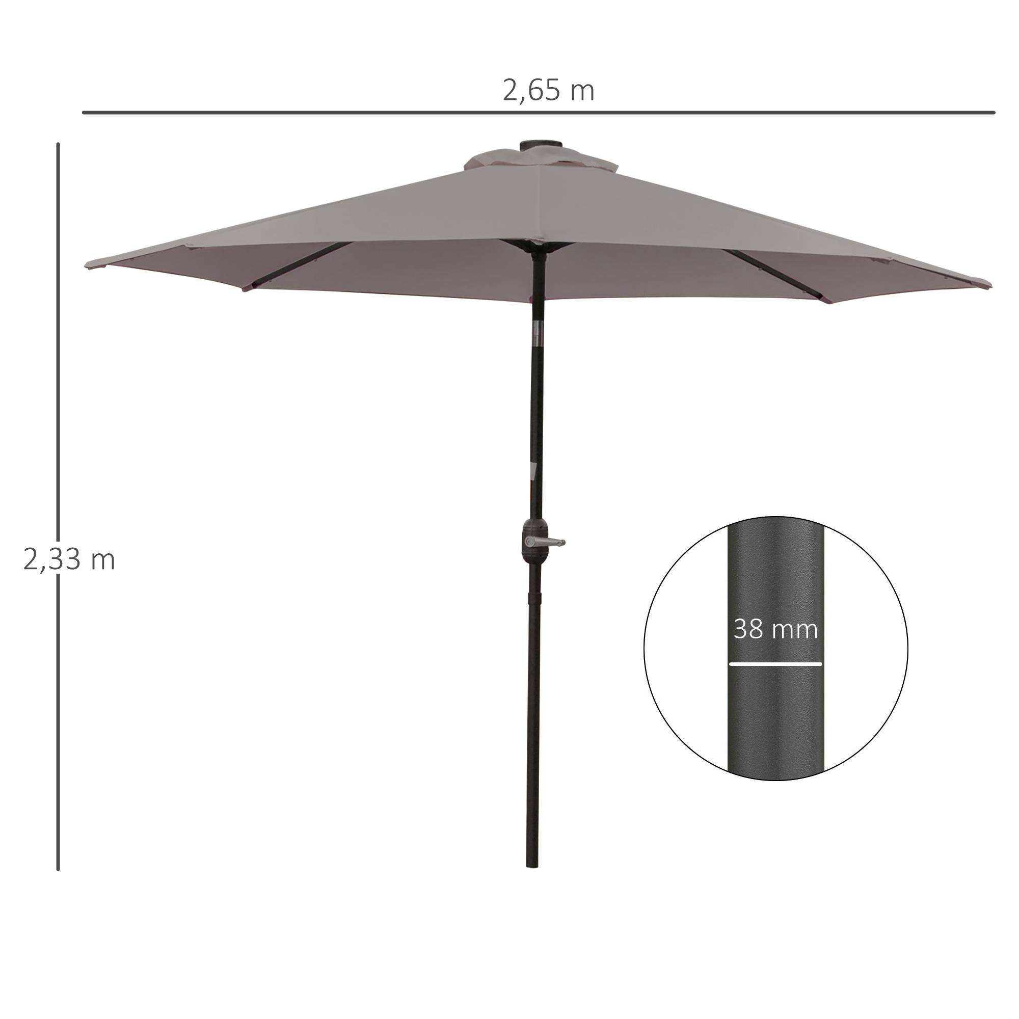 Parasol terrasse exterieur Ø265 cm, 32 LED solaires, mat acier, manivelle, inclinable, patio terrasse gris - Image 5