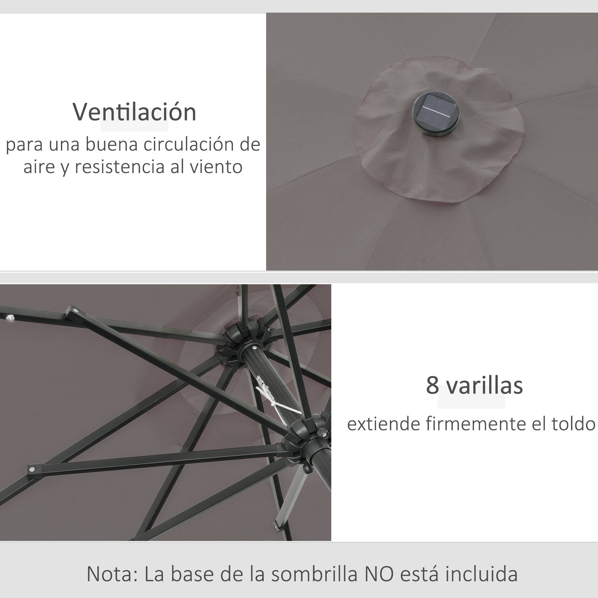 Parasol terrasse exterieur Ø265 cm, 32 LED solaires, mat acier, manivelle, inclinable, patio terrasse gris - Image 9