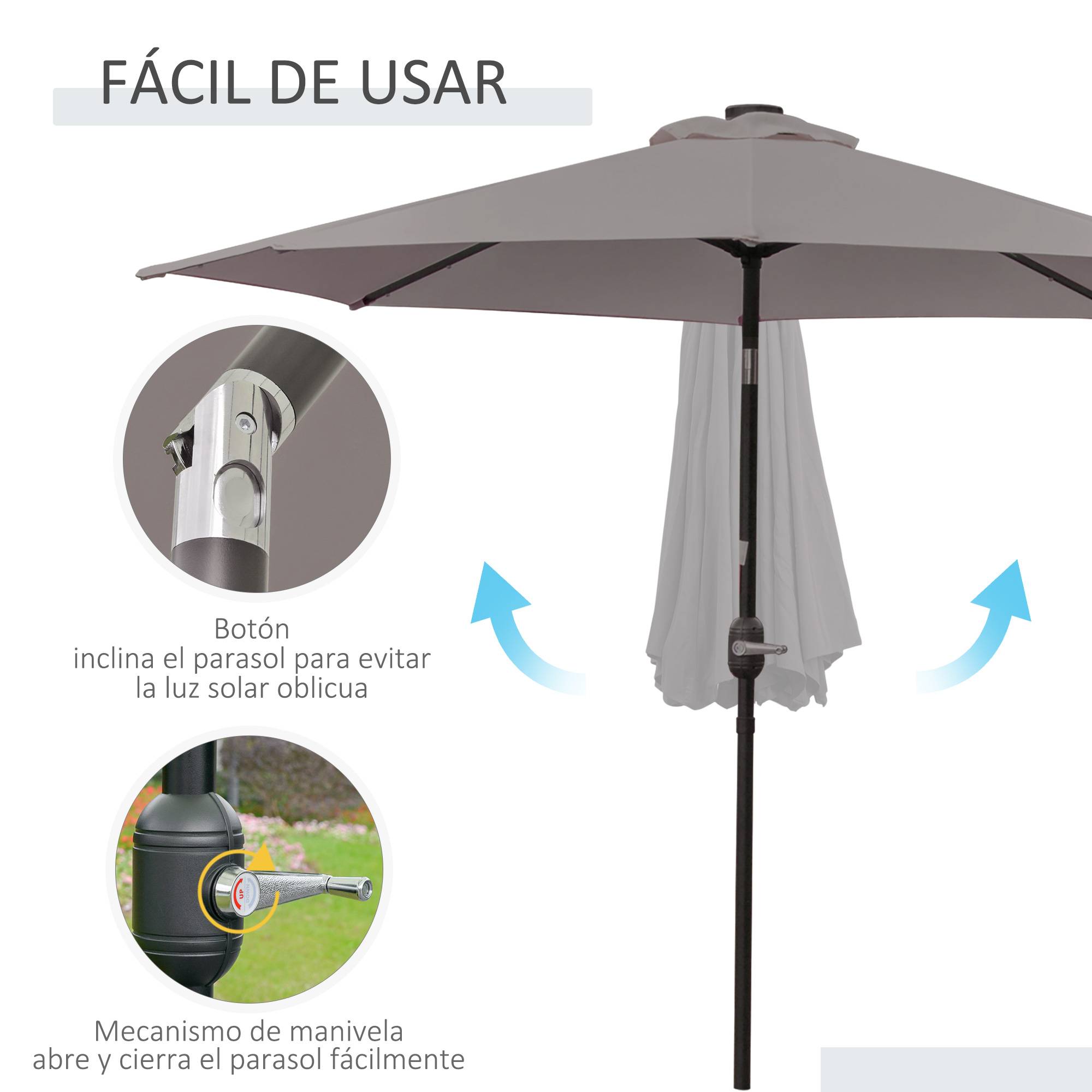 Parasol terrasse exterieur Ø265 cm, 32 LED solaires, mat acier, manivelle, inclinable, patio terrasse gris - Image 7