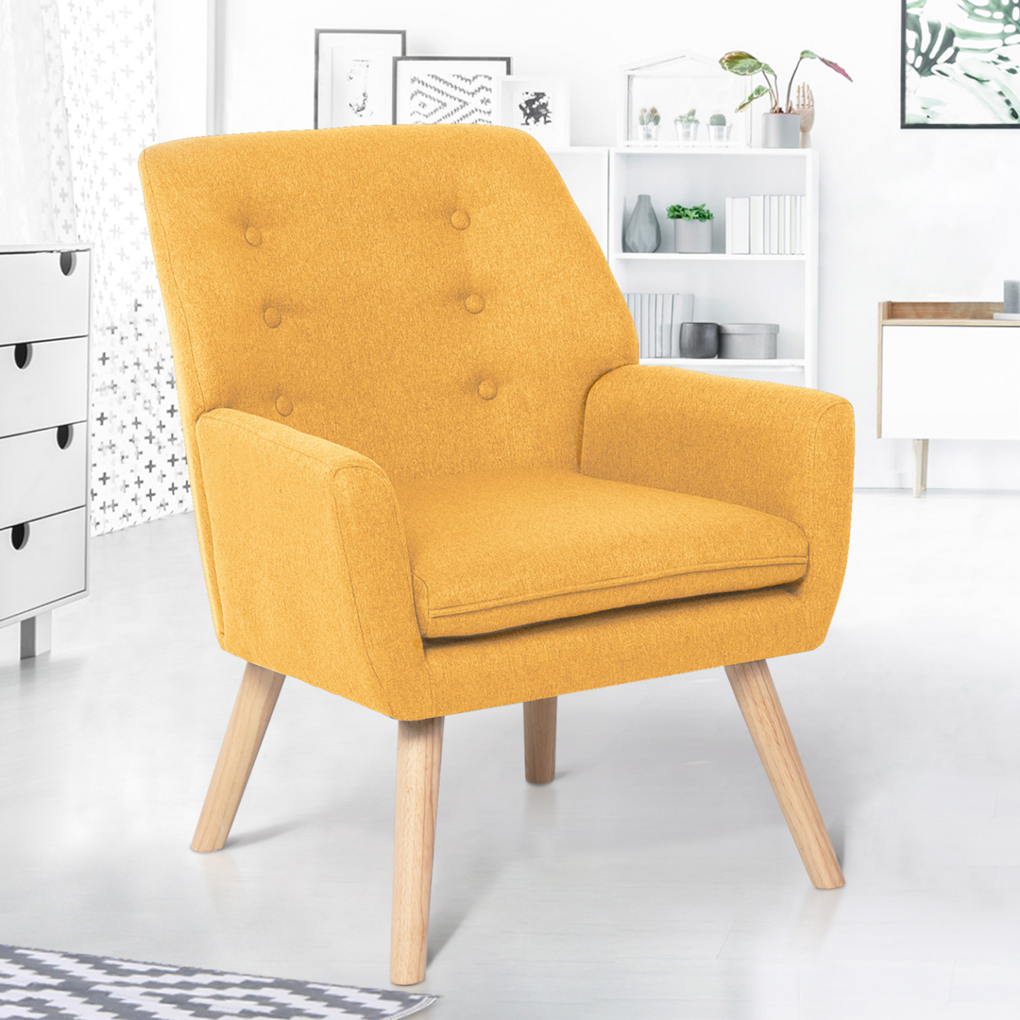 Fauteuil scandinave NAT en tissu jaune moutarde - Image 1