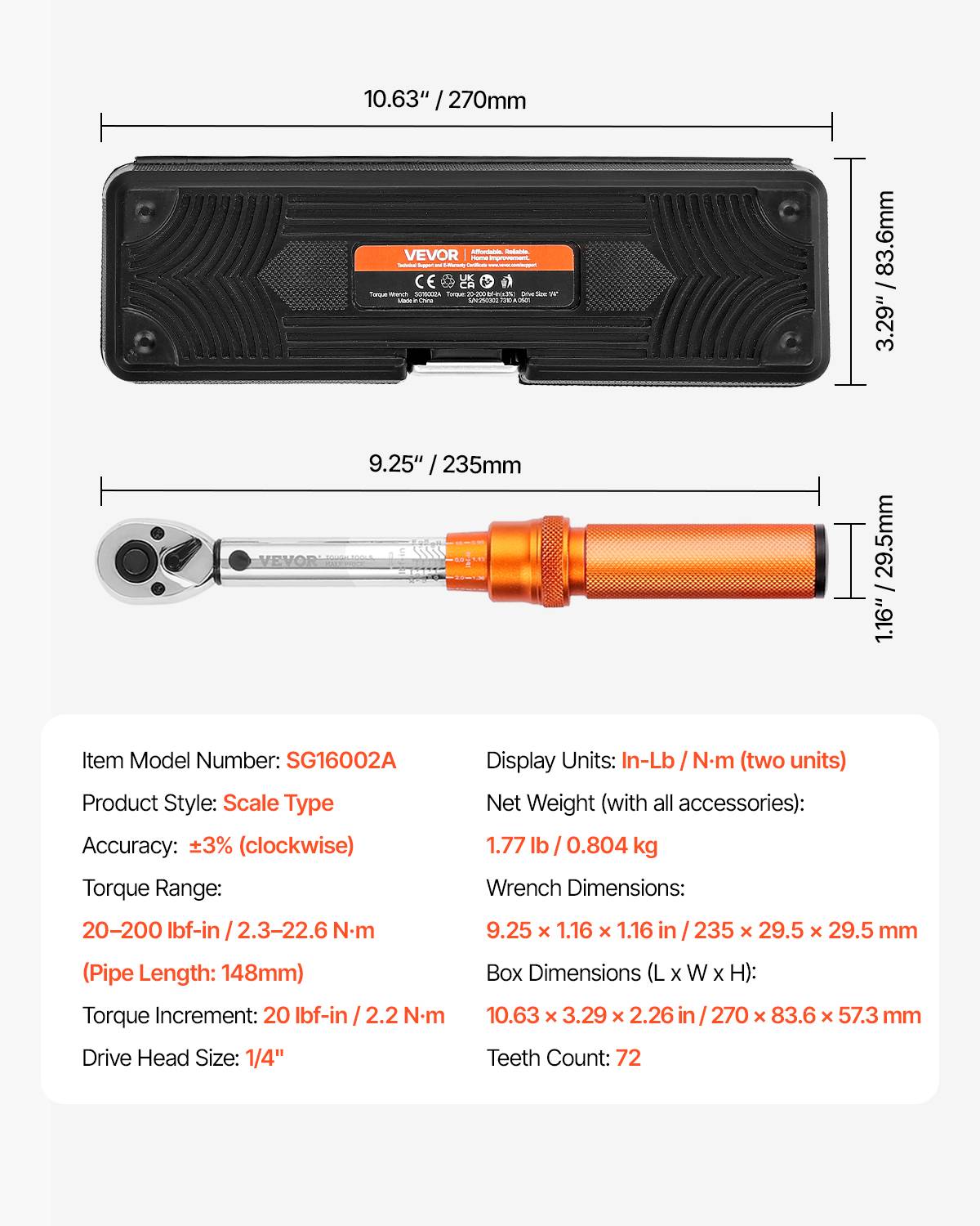 Vevor - VEVOR Clé dynamométrique 1/4" 2,3–22,6 Nm, ±3% avec certificat, tête 72 dents, bidirectionnelle, coffret avec douilles et rallonge. - Image 6