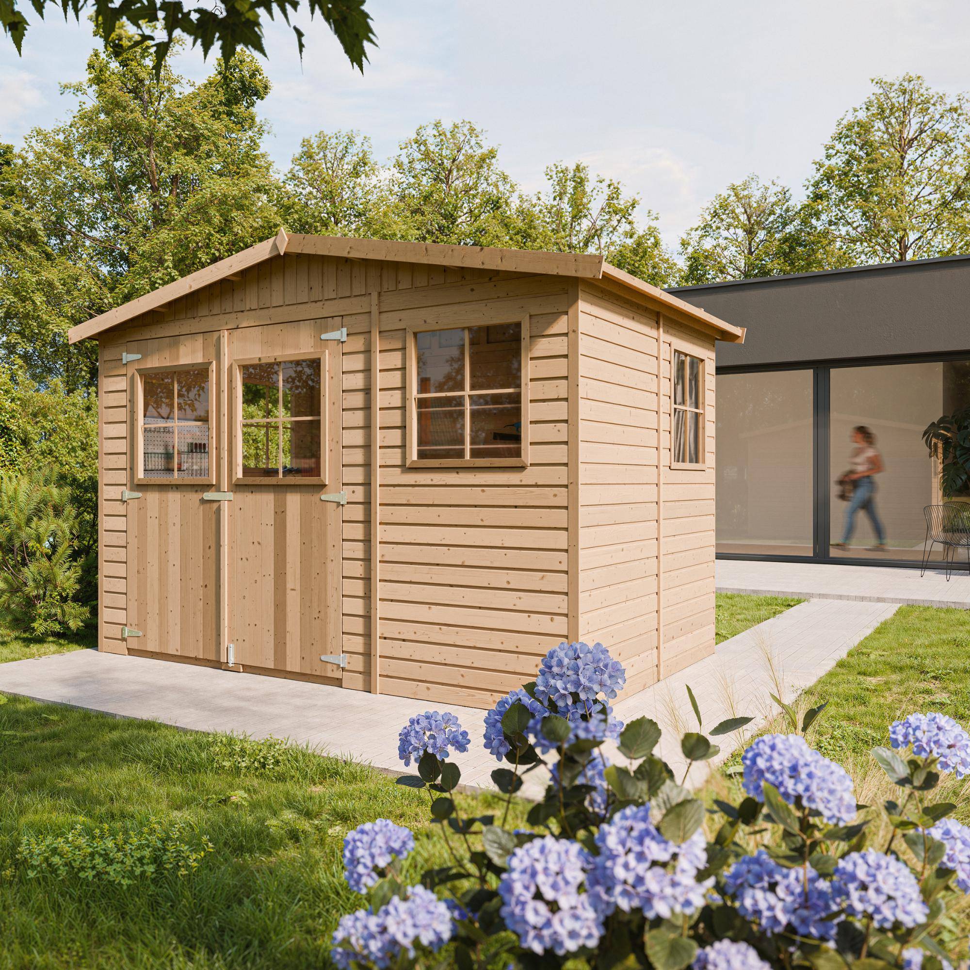 Timbela - Abri de Jardin en Bois Naturel H226x324x216 cm/6 m² - Stockage extérieur avec fenêtres - 17 mm d’épaisseur - Timbela M334 - Image 1
