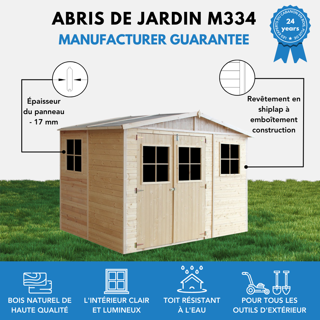 Timbela - Abri de Jardin en Bois Naturel H226x324x216 cm/6 m² - Stockage extérieur avec fenêtres - 17 mm d’épaisseur - Timbela M334 - Image 9