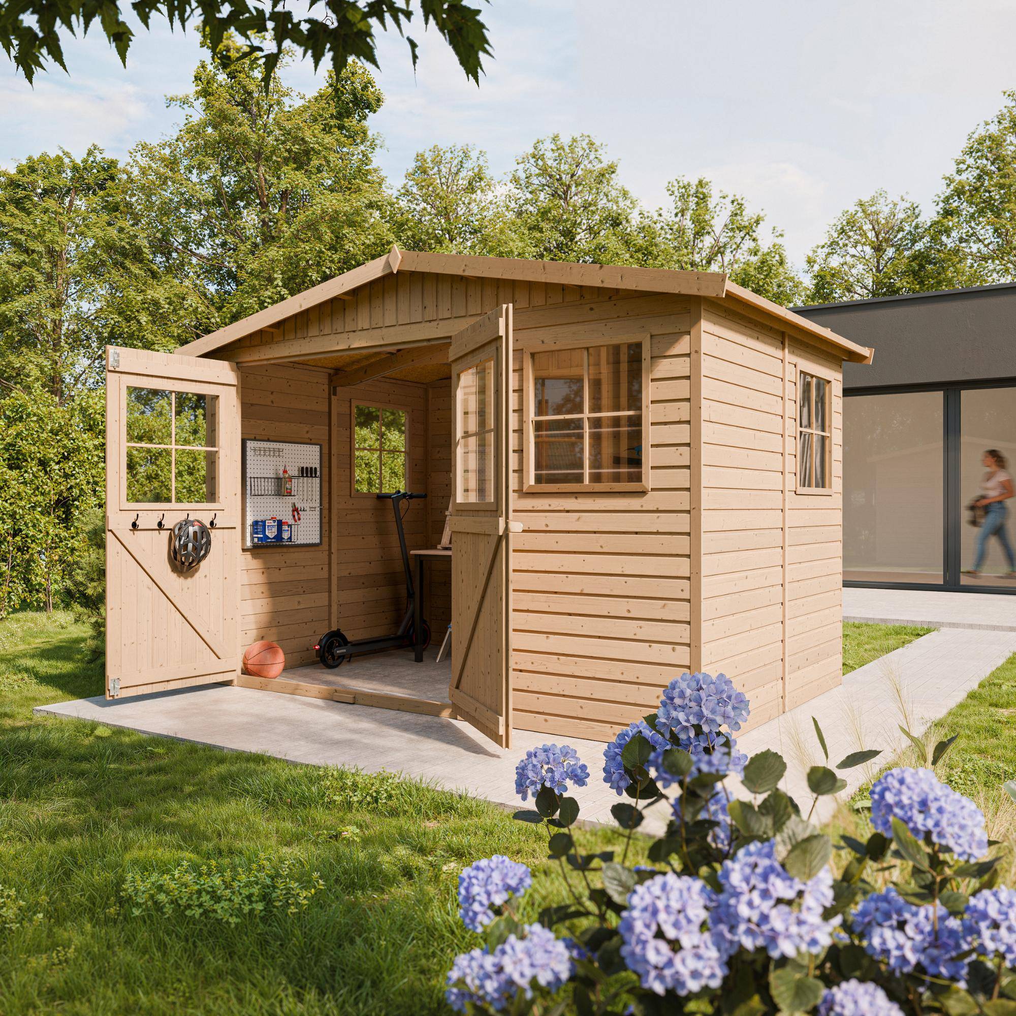 Timbela - Abri de Jardin en Bois Naturel H226x324x216 cm/6 m² - Stockage extérieur avec fenêtres - 17 mm d’épaisseur - Timbela M334 - Image 5