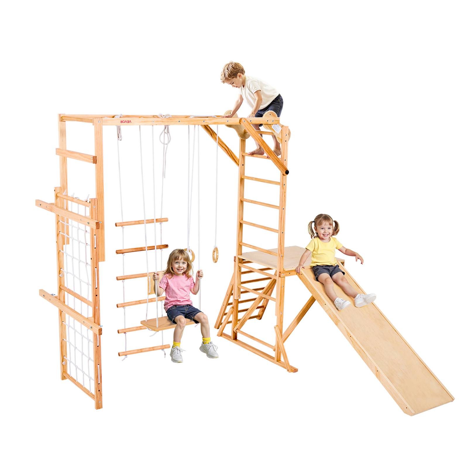 Vevor - VEVOR Aire de jeux intérieure 8-en-1 en bois - toboggan, balançoire, barre de singe, anneaux, échelles, filet d'escalade - Image 1