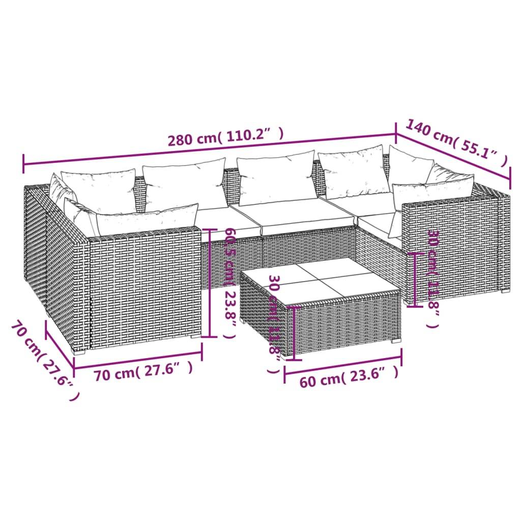 Salon de jardin meuble d'extérieur ensemble de mobilier 7 pièces avec coussins résine tressée marron - Imagen 7