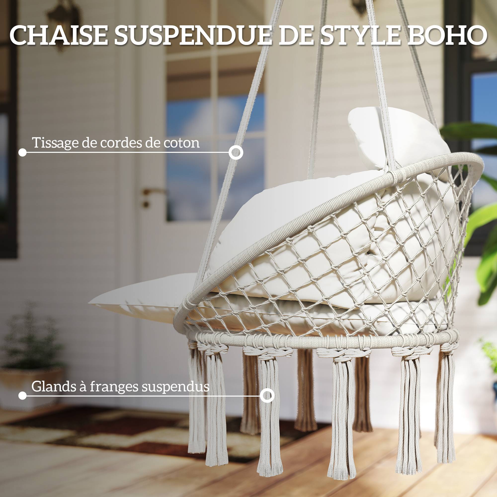 Fauteuil suspendu acier crème 80 x 60 x 40 cm - PANGIVO - Image 7