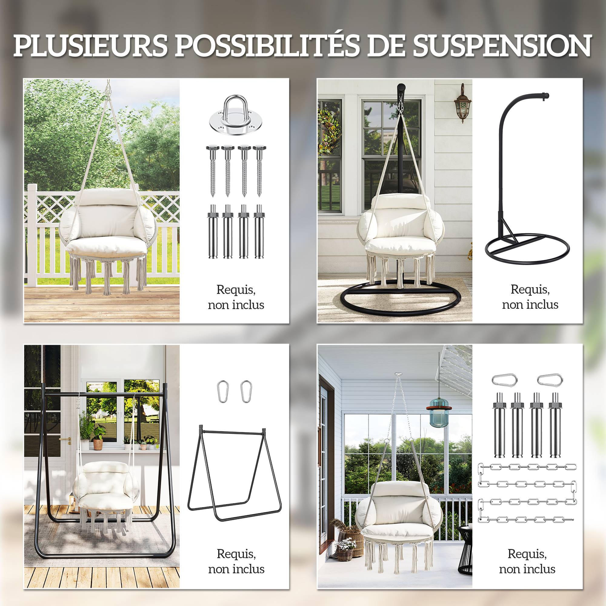 Fauteuil suspendu acier crème 80 x 60 x 40 cm - PANGIVO - Image 9
