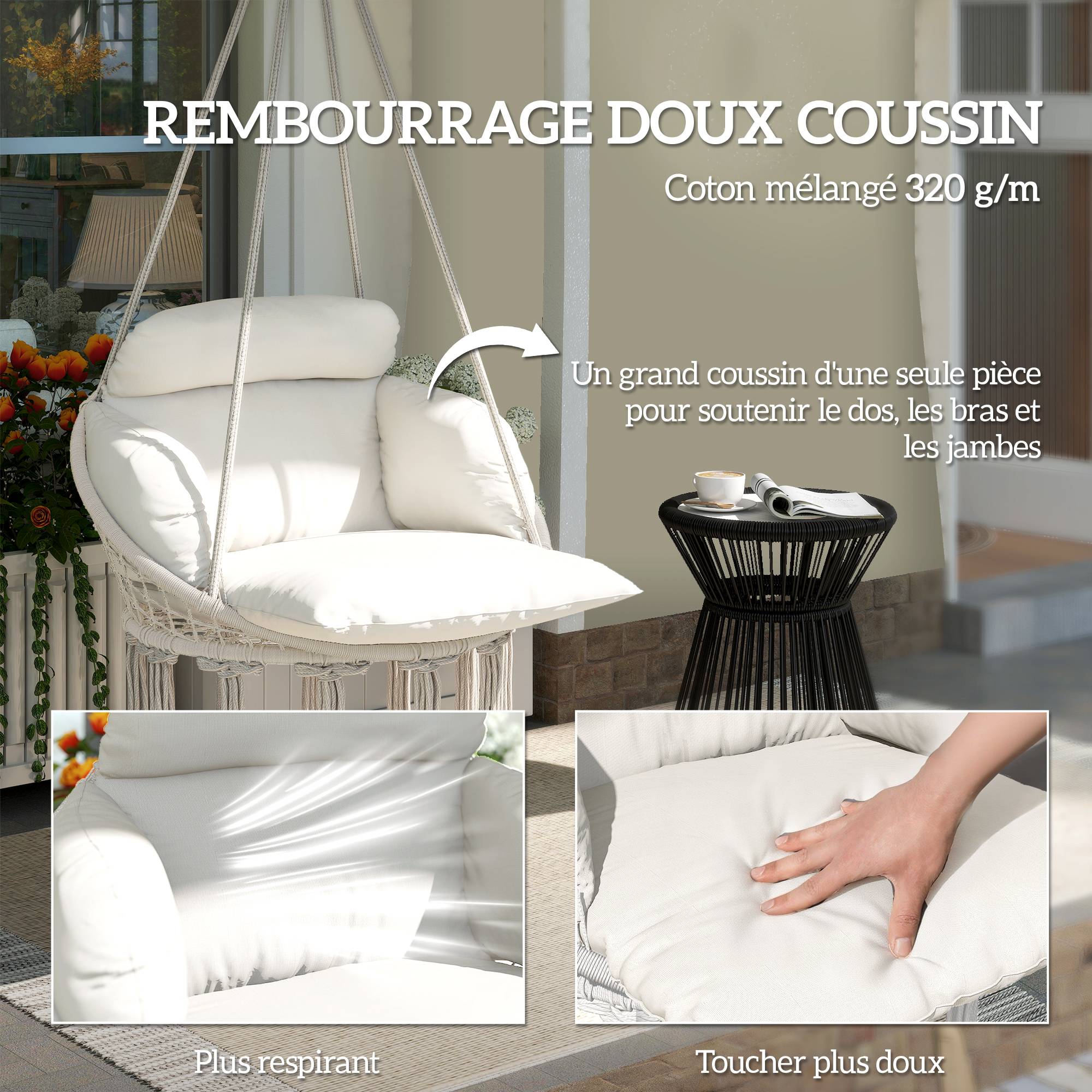 Fauteuil suspendu acier crème 80 x 60 x 40 cm - PANGIVO - Image 6