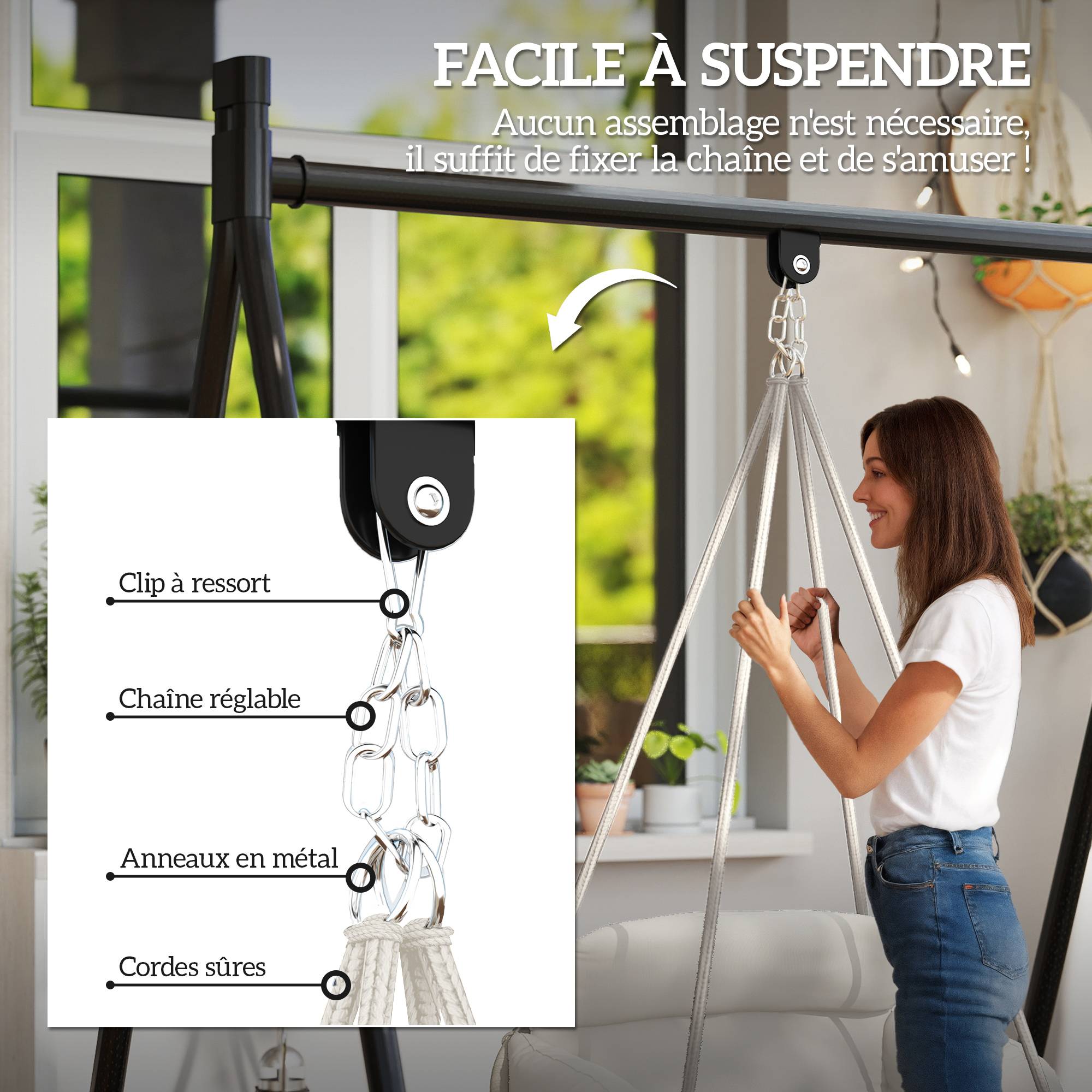 Fauteuil suspendu acier crème 80 x 60 x 40 cm - PANGIVO - Image 8