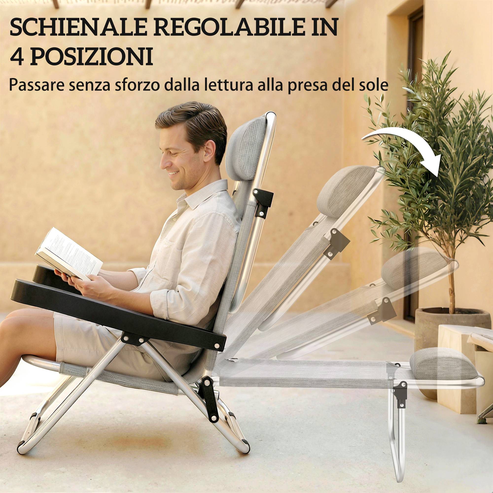 Sans Marque - Lot de 2 chaises longues pliantes et inclinables 4 positions avec appui-tête, aluminium, 62 x 61 x 80 cm, gris - Image 5