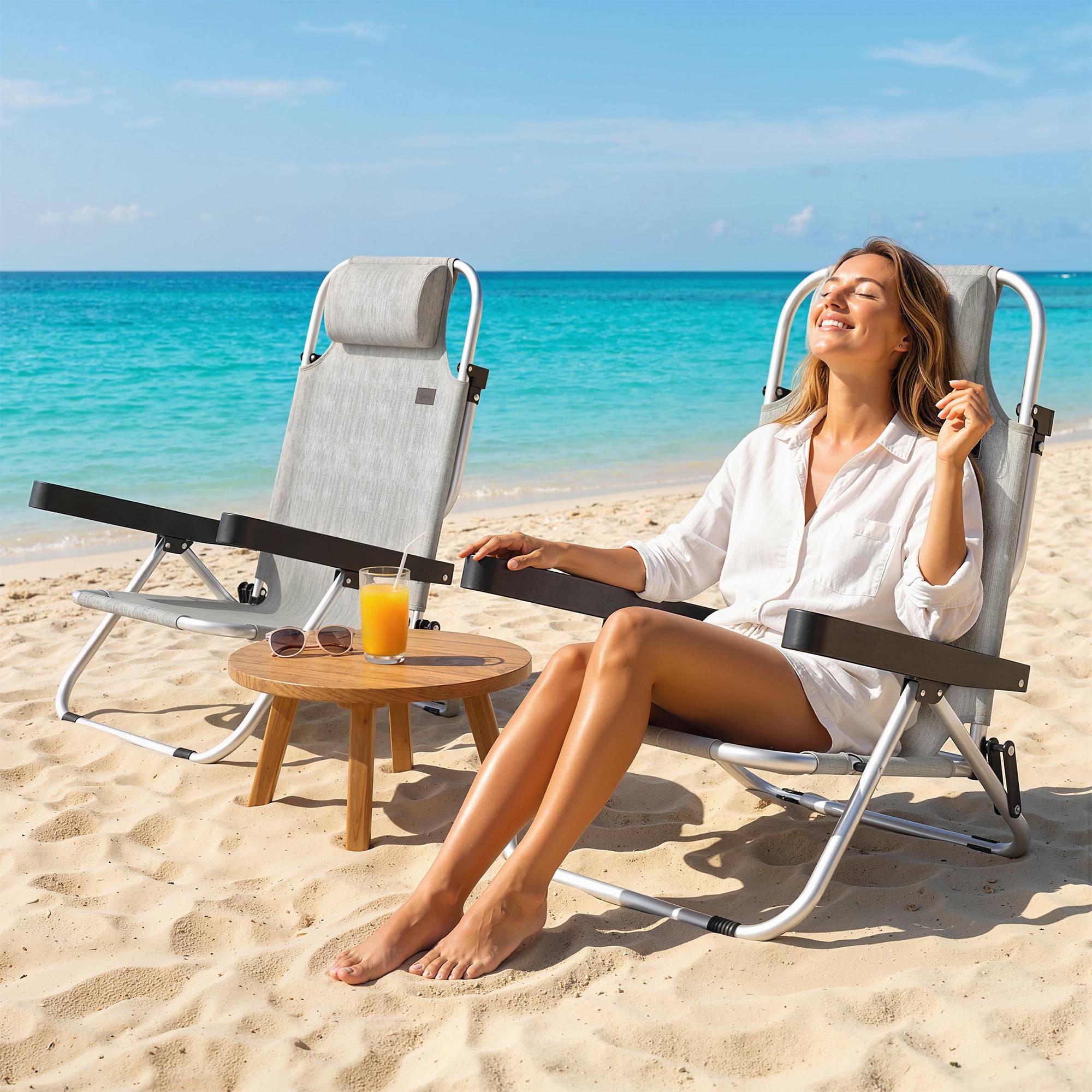 Sans Marque - Lot de 2 chaises longues pliantes et inclinables 4 positions avec appui-tête, aluminium, 62 x 61 x 80 cm, gris - Image 2