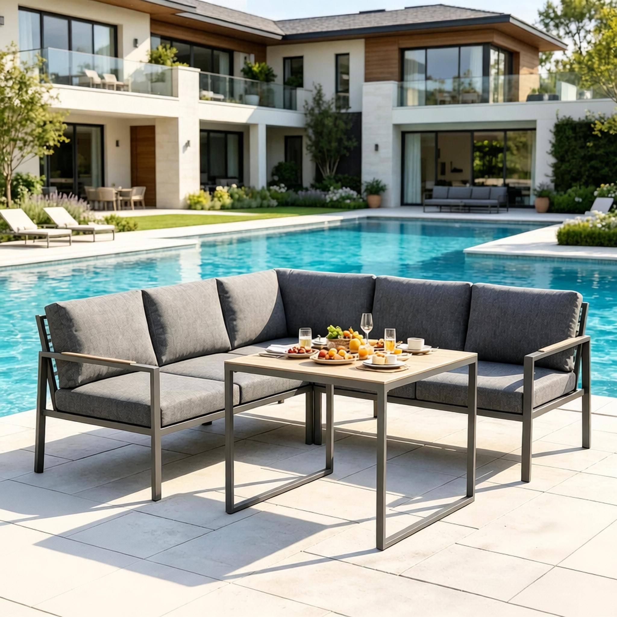 ComfortXL - Salon de jardin d’angle métal 5 places extérieur avec table verre 183 x 183 cm gris foncé - ComfortXL Outdoor Living