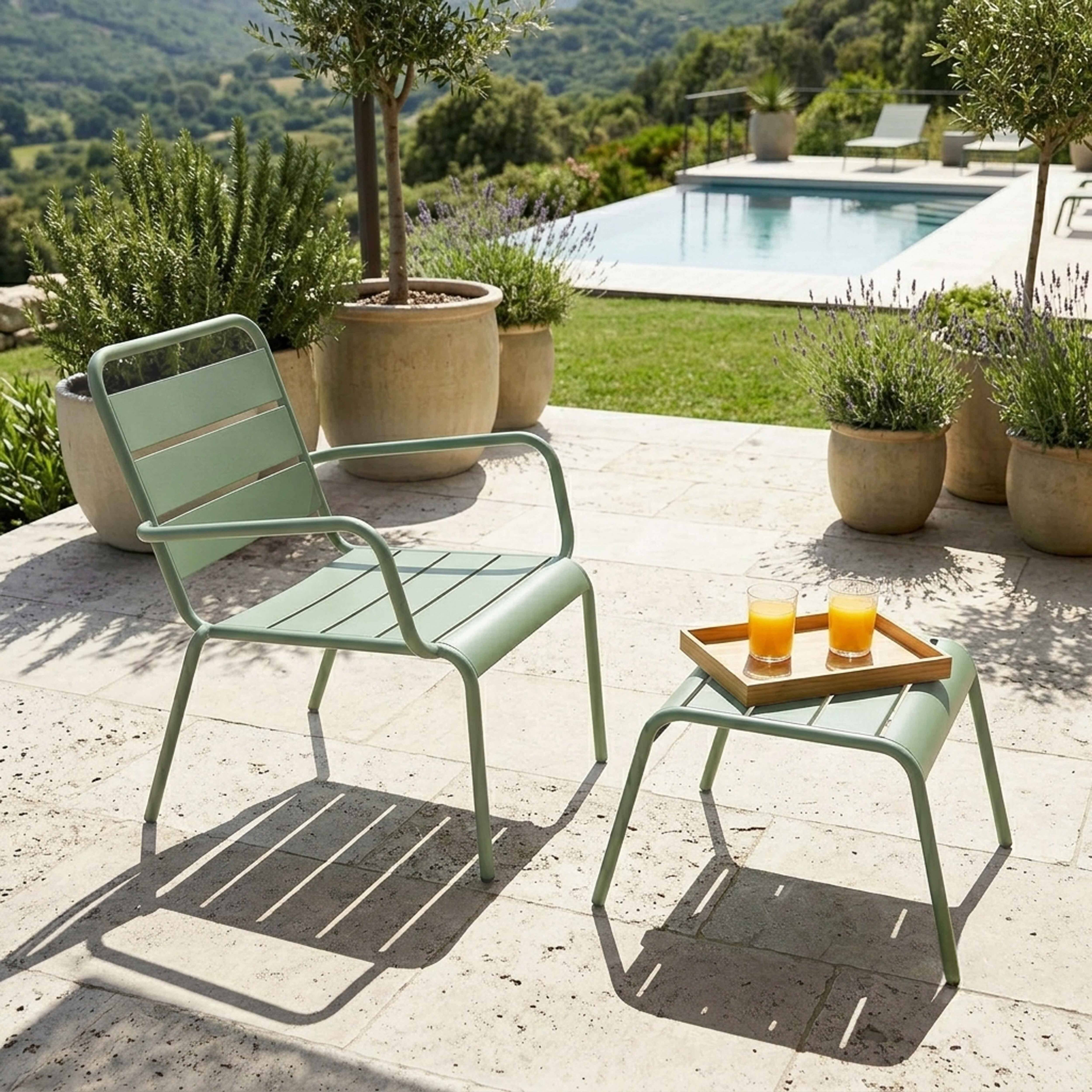 Oviala - Fauteuil relax et repose pied en métal vert sauge Palavas - Oviala - Imagen 2