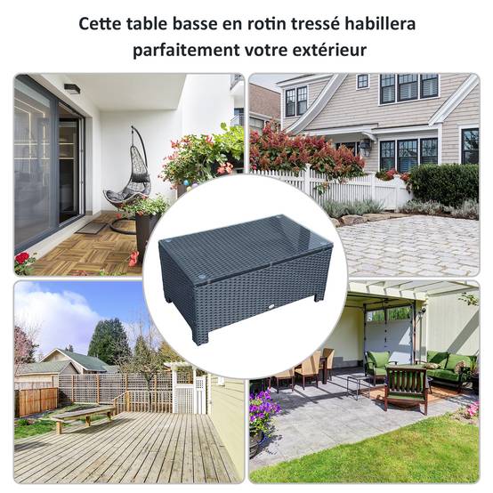 Table basse de jardin résine tressée et verre trempé noir 85 x 50 x 39 cm - PANGIVO - Image 8