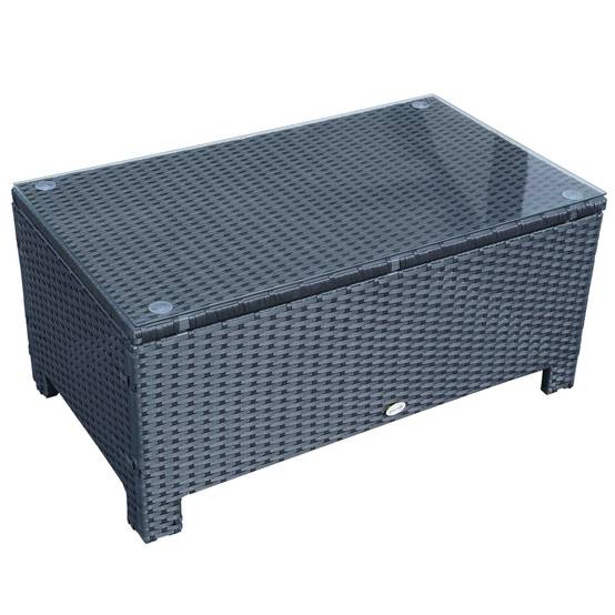 Table basse de jardin résine tressée et verre trempé noir 85 x 50 x 39 cm - PANGIVO - Image 2