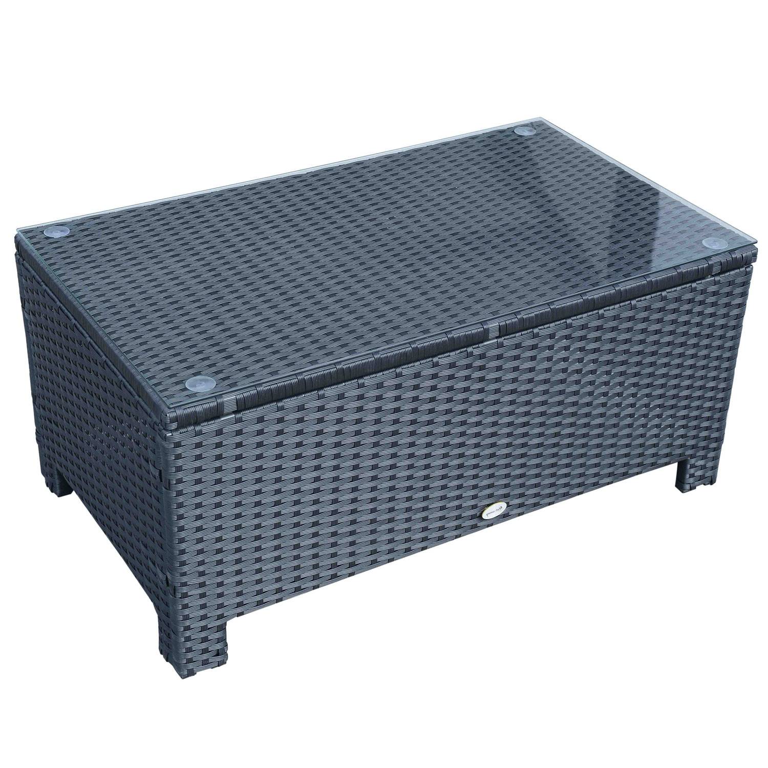 Table basse de jardin résine tressée et verre trempé noir 85 x 50 x 39 cm - PANGIVO - Image 2