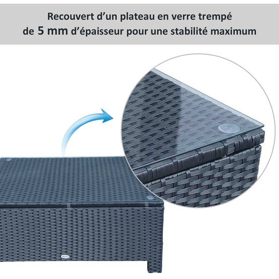 Table basse de jardin résine tressée et verre trempé noir 85 x 50 x 39 cm - PANGIVO - Image 7