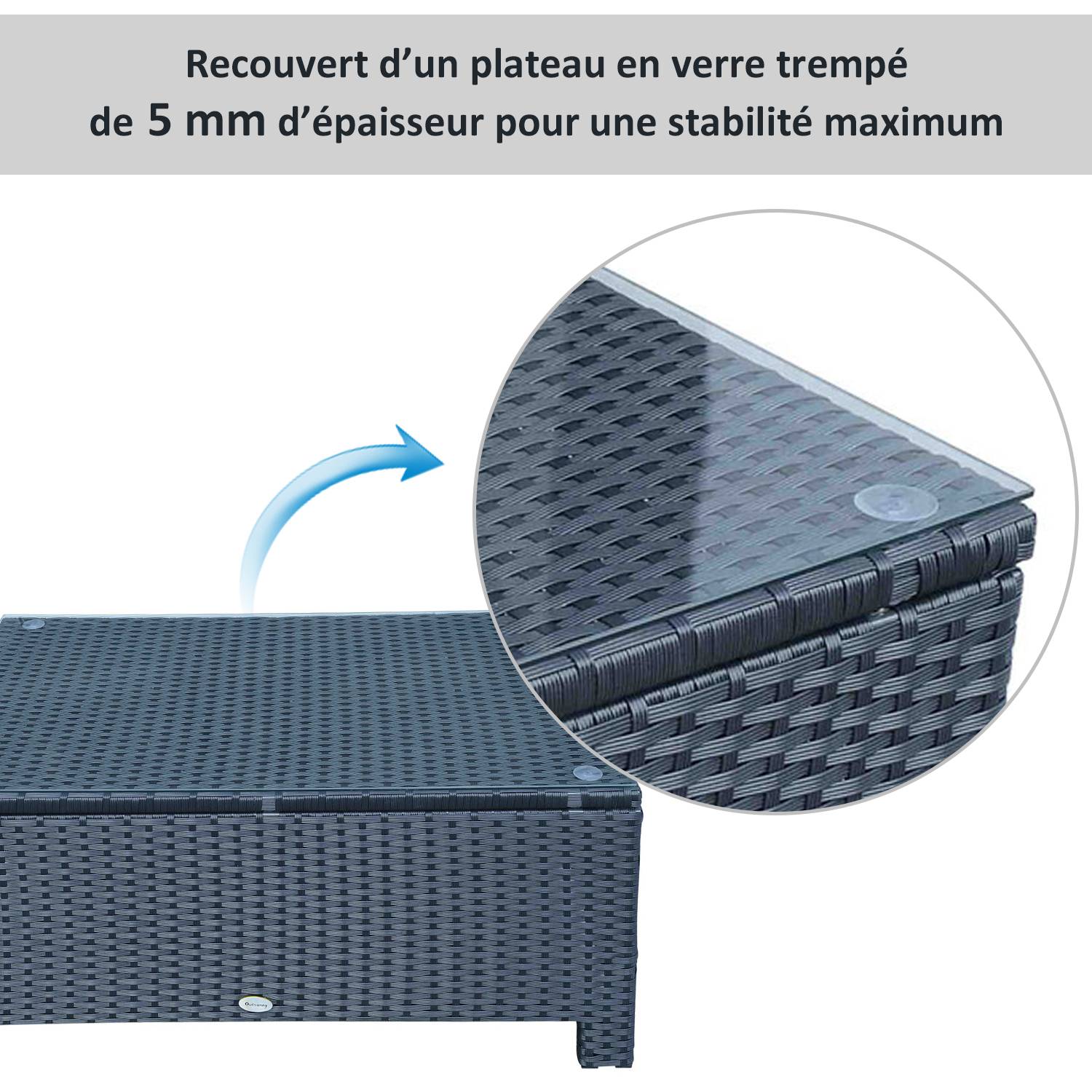 Table basse de jardin résine tressée et verre trempé noir 85 x 50 x 39 cm - PANGIVO - Image 7