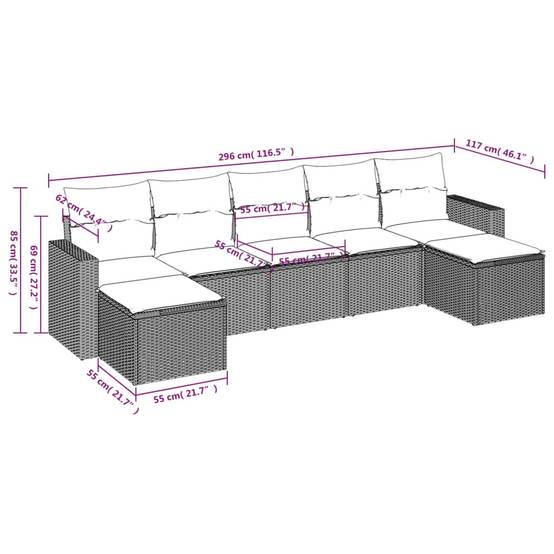 Canapé d'angle de jardin modulable 7 pièces résine tressée avec 2 tabourets pour balcon Beige Coussins Gris – ComfortXL Outdoor Living - Image 3